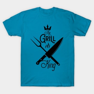 The grill king; bbq; grill; griller; barbeque; chef; cook; cooking; dad; father; husband; cooks; meat; knives; steak; cooking; dad who cooks; T-Shirt